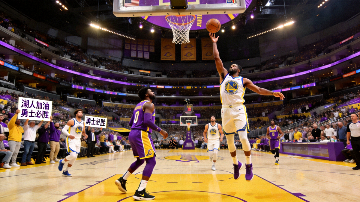 NBA常规赛湖人主场对阵勇士的现场比赛画面，球馆内座无虚席