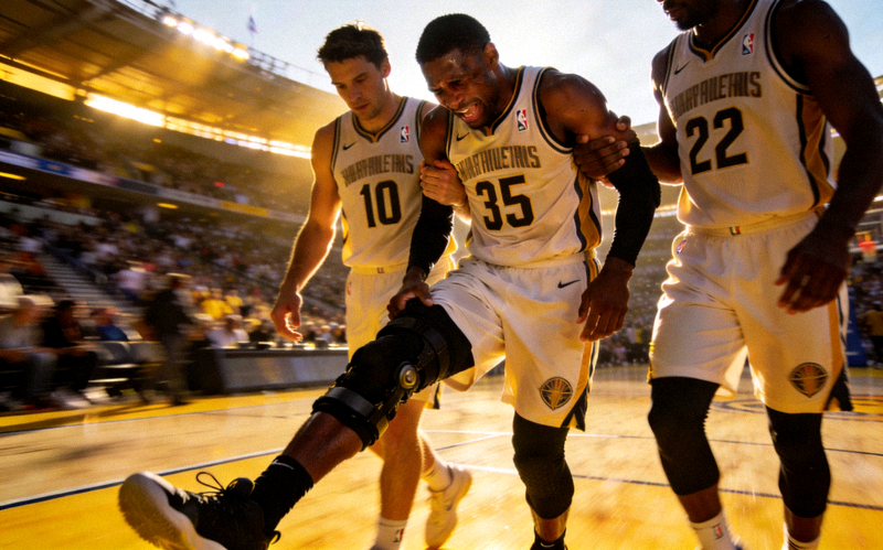 NBA球员在比赛中受伤后被队友搀扶离场的画面