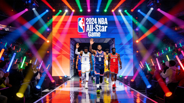 NBA全明星赛舞台灯光与球员入场仪式的现场画面